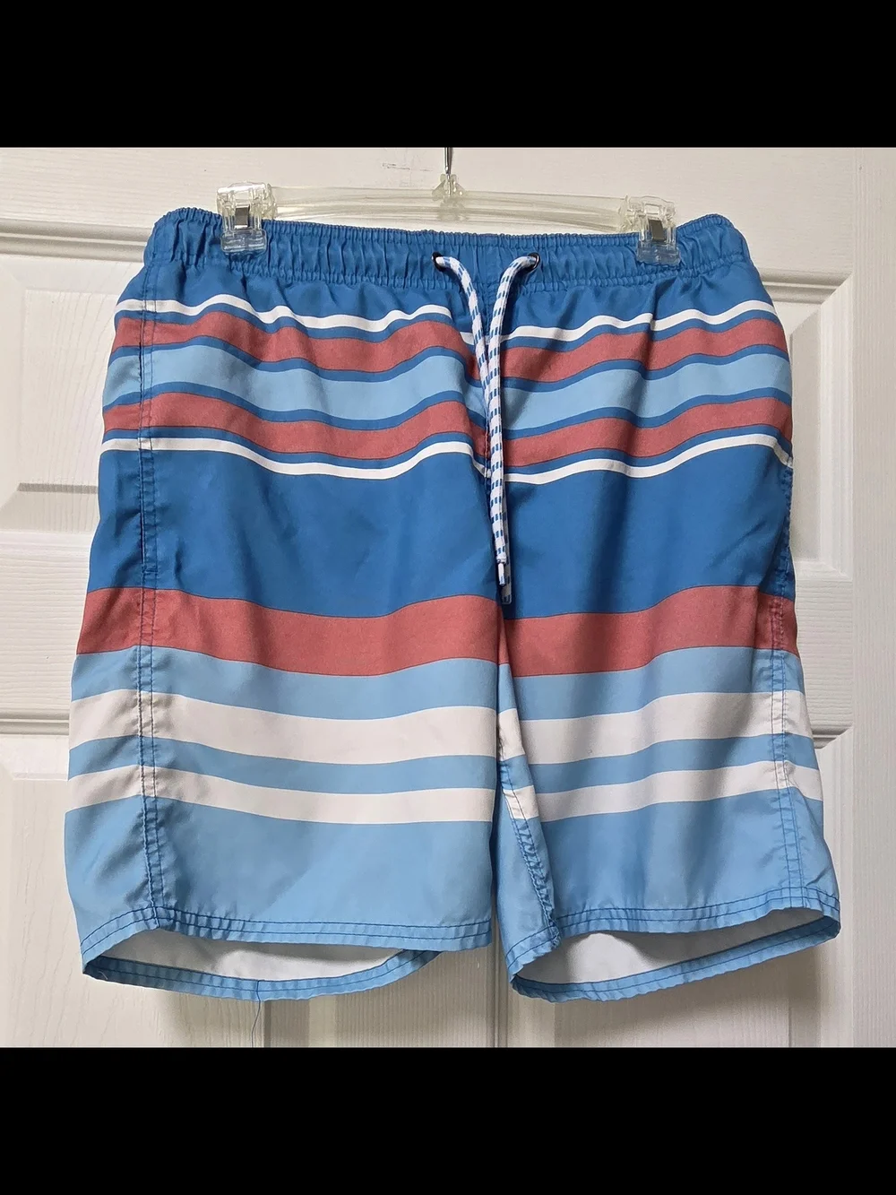 St. John's Bay Blue Swim Trunks with Red and White Stripes